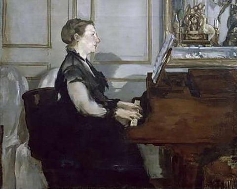 Madame Manet au Piano White Modern Wood Framed Art Print with Double Matting by Manet, Edouard