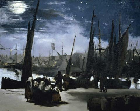 Moonlight over the Port Boulogne Black Ornate Wood Framed Art Print with Double Matting by Manet, Edouard