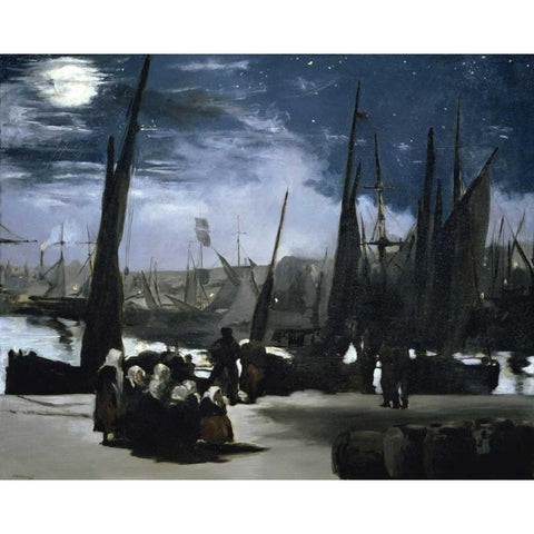 Moonlight over the Port Boulogne Black Modern Wood Framed Art Print by Manet, Edouard