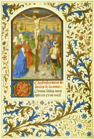 The Crucifixion : Book of Hours - Detail Black Ornate Wood Framed Art Print with Double Matting by Marmion, Simon