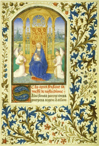 Virgin Enthroned between Angels: Book of Hours - Detail Black Ornate Wood Framed Art Print with Double Matting by Marmion, Simon
