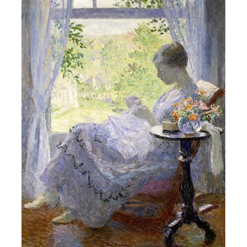 Young Woman Sewing Black Modern Wood Framed Art Print by Melchers, Gari