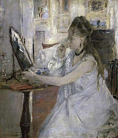 Young Woman Powdering Herself White Modern Wood Framed Art Print with Double Matting by Morisot, Berthe