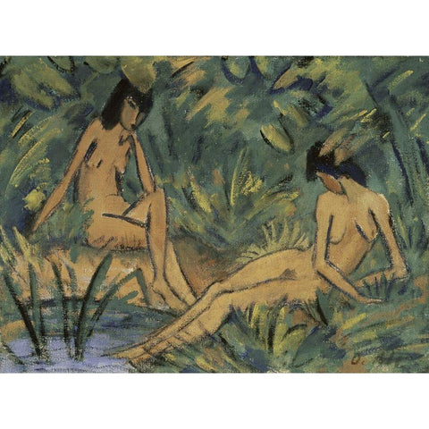 Girls Seated at the Water Black Modern Wood Framed Art Print with Double Matting by Muller, Otto