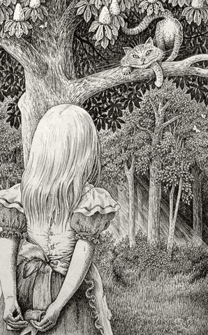 Alice with Cheshire Cat White Modern Wood Framed Art Print with Double Matting by Partridge, Brian