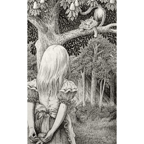 Alice with Cheshire Cat Gold Ornate Wood Framed Art Print with Double Matting by Partridge, Brian