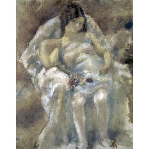 Young Girl Seated With Flowers White Modern Wood Framed Art Print by Pascin, Jules