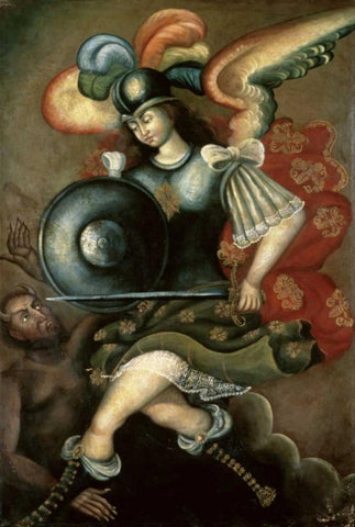 The Archangel Saint Michael White Modern Wood Framed Art Print with Double Matting by Peruvian School