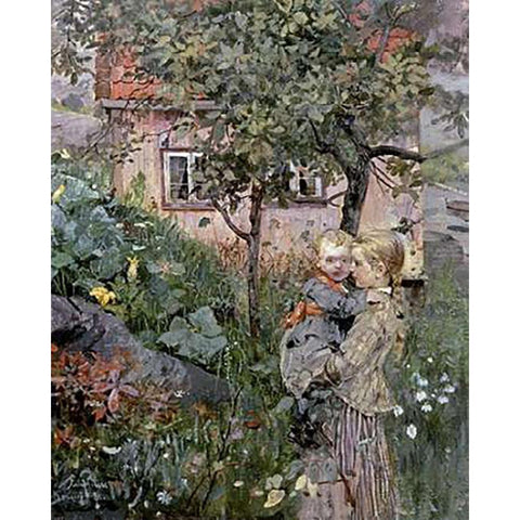 Two Sisters in a Garden Gold Ornate Wood Framed Art Print with Double Matting by Petersen, Eilif