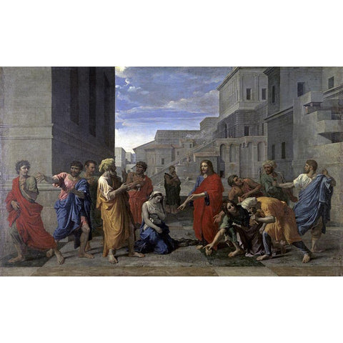 Christ and the Woman Taken in Adultery Black Modern Wood Framed Art Print with Double Matting by Poussin, Nicolas