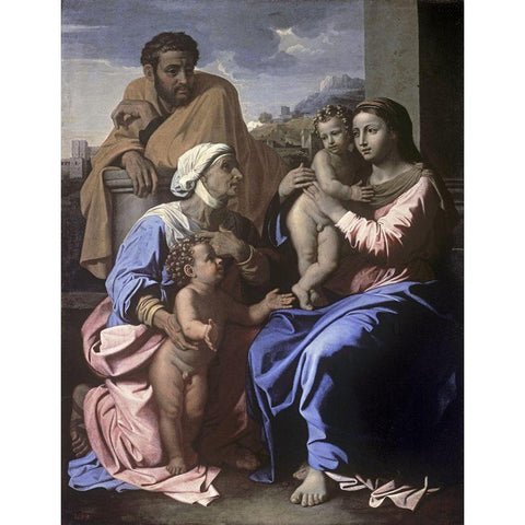 The Holy Family with John the Baptist and St. Elizabeth Black Modern Wood Framed Art Print with Double Matting by Poussin, Nicolas