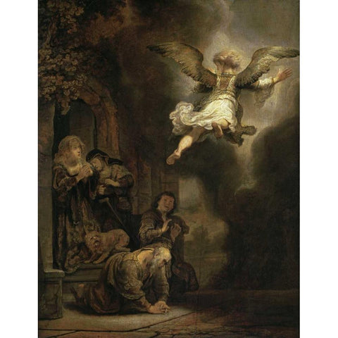 Archangel Raphael Leaving the Family of Tobias Black Modern Wood Framed Art Print with Double Matting by Van Rijn, Rembrandt
