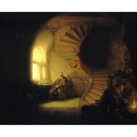 Philosopher in Meditation Gold Ornate Wood Framed Art Print with Double Matting by Van Rijn, Rembrandt