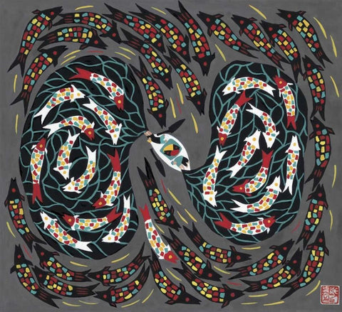 Harvesting Fish Black Ornate Wood Framed Art Print with Double Matting by Rong, Zhang Shu