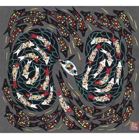 Harvesting Fish Black Modern Wood Framed Art Print by Rong, Zhang Shu