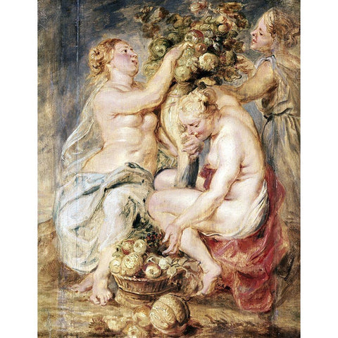 Ceres and Two Nymphs with a Cornucopia White Modern Wood Framed Art Print by Rubens, Peter Paul