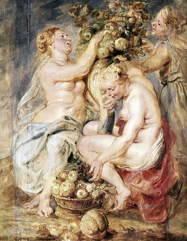 Ceres and Two Nymphs with a Cornucopia White Modern Wood Framed Art Print with Double Matting by Rubens, Peter Paul