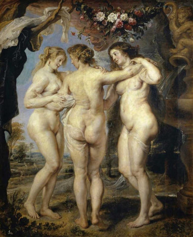 The Three Graces White Modern Wood Framed Art Print with Double Matting by Rubens, Peter Paul