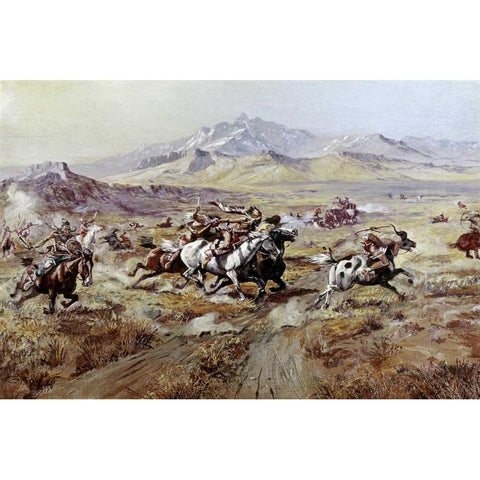 Stagecoach Attack White Modern Wood Framed Art Print by Russell, Charles M.