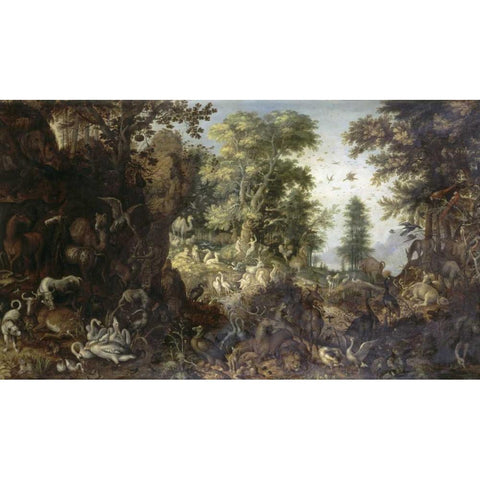The Garden of Eden with Eve Tempting Adam Black Modern Wood Framed Art Print with Double Matting by Savery, Roelandt