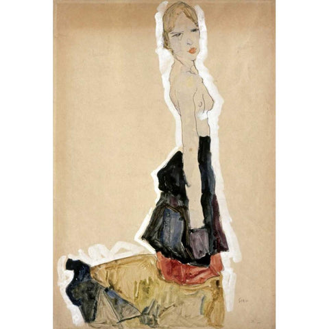 Knieendes Madchen Mit Spanischem Rock Gold Ornate Wood Framed Art Print with Double Matting by Schiele, Egon