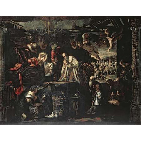 Adoration of the Magi Gold Ornate Wood Framed Art Print with Double Matting by Tintoretto, Jacopo