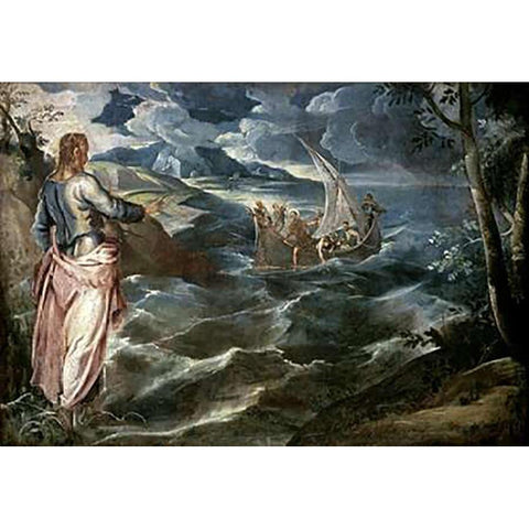 Museumist at the Sea of Galilee White Modern Wood Framed Art Print by Tintoretto, Jacopo