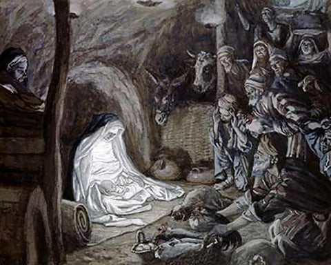 Adoration of the Shepherds Black Ornate Wood Framed Art Print with Double Matting by Tissot, James