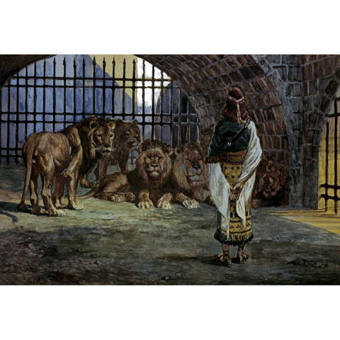 Daniel in the Lions Den Gold Ornate Wood Framed Art Print with Double Matting by Tissot, James Jacques