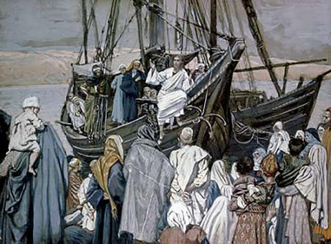 Jesus Preaching on a Boat White Modern Wood Framed Art Print with Double Matting by Tissot, James