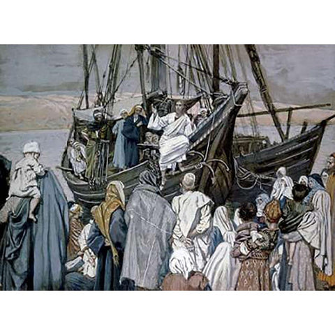 Jesus Preaching on a Boat White Modern Wood Framed Art Print by Tissot, James