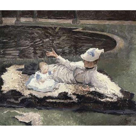 Mrs. Newton with a Child by a Pool Gold Ornate Wood Framed Art Print with Double Matting by Tissot, James