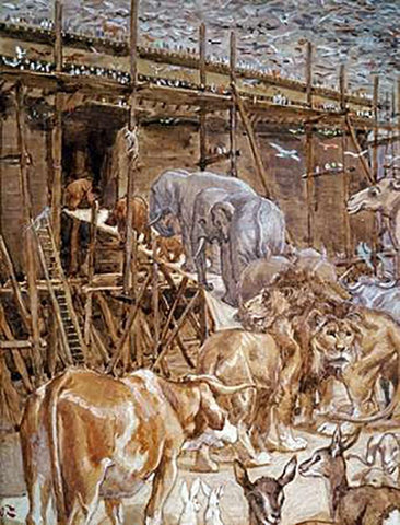 The Animals Enter the Ark White Modern Wood Framed Art Print with Double Matting by Tissot, James