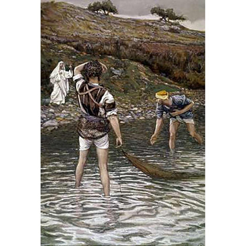 The Calling of Peter and Andrew Black Modern Wood Framed Art Print with Double Matting by Tissot, James