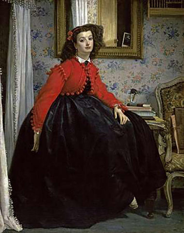 Young Woman in a Short Red Jacket Black Ornate Wood Framed Art Print with Double Matting by Tissot, James