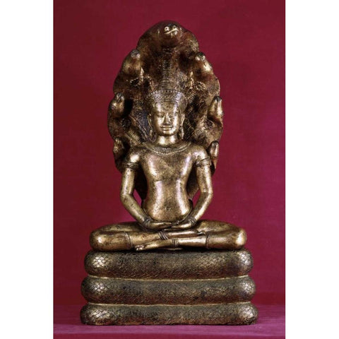 Buddha Sheltered by the Cobra - Style of Angkor Wat Black Modern Wood Framed Art Print with Double Matting by Unknown