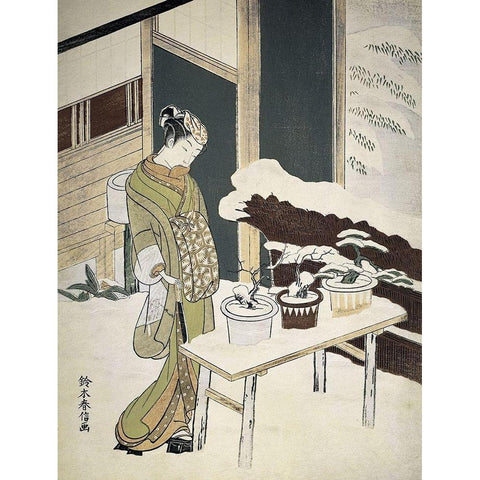 Woman Outside in Winter Black Modern Wood Framed Art Print with Double Matting by Unknown