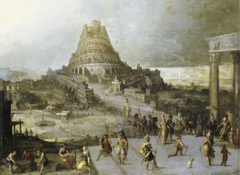 Nimrod Ordering the Construction of the Tower of Babel White Modern Wood Framed Art Print with Double Matting by Van Cleve, Hendrick III