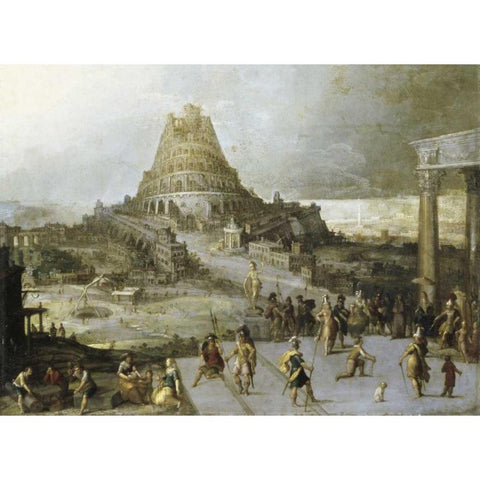 Nimrod Ordering the Construction of the Tower of Babel Black Modern Wood Framed Art Print by Van Cleve, Hendrick III