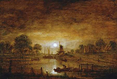 Title Unknown (Boats at Sunset with Windmill) Black Ornate Wood Framed Art Print with Double Matting by Van Der Neer, Aert