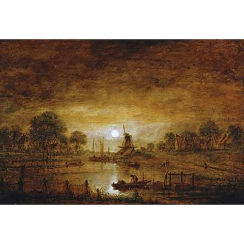 Title Unknown (Boats at Sunset with Windmill) Gold Ornate Wood Framed Art Print with Double Matting by Van Der Neer, Aert
