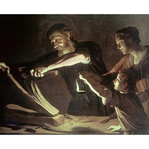 Holy Family in the Carpentry Shop Black Modern Wood Framed Art Print by Van Honthorst, Gerrit