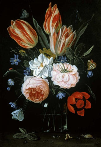 Tulips and Roses In A Glass Vase Black Ornate Wood Framed Art Print with Double Matting by Van Kessel, Jan