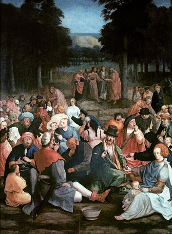 Miracle of the Loaves and the Fishes White Modern Wood Framed Art Print with Double Matting by Van Leyden, Lucas