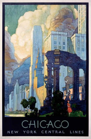 New York Central Lines / Chicago Black Ornate Wood Framed Art Print with Double Matting by Ragan, Leslie