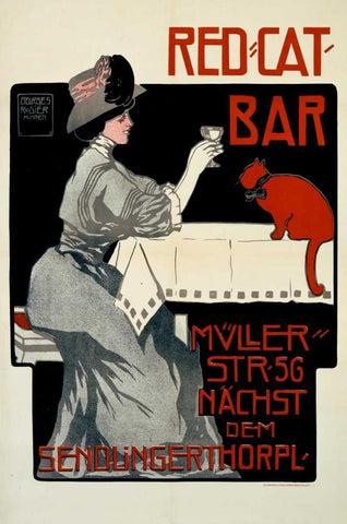 Red-Cat-Bar Black Ornate Wood Framed Art Print with Double Matting by Rogier, Georges