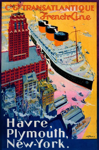 Transatlantique-French Line / Paris-Havre-New York Black Ornate Wood Framed Art Print with Double Matting by Sebille, Albert