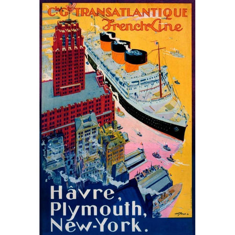 Transatlantique-French Line / Paris-Havre-New York White Modern Wood Framed Art Print by Sebille, Albert