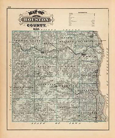 Map of Houston County, Minnesota, 1874 Black Ornate Wood Framed Art Print with Double Matting by Andreas, A.T.