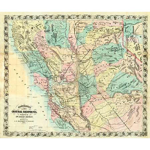 New Map of Central California, 1871 Gold Ornate Wood Framed Art Print with Double Matting by Bancroft, A.L.